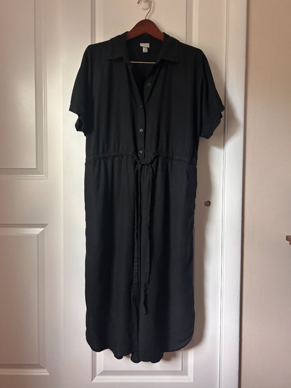 A New Day Black Linen Blend Button Front Midi Shirt Dress Collared